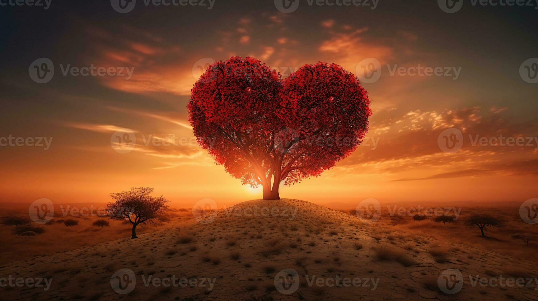 Love For Nature - Heart Tree - Red Landscape At Sunset, generative ai photo