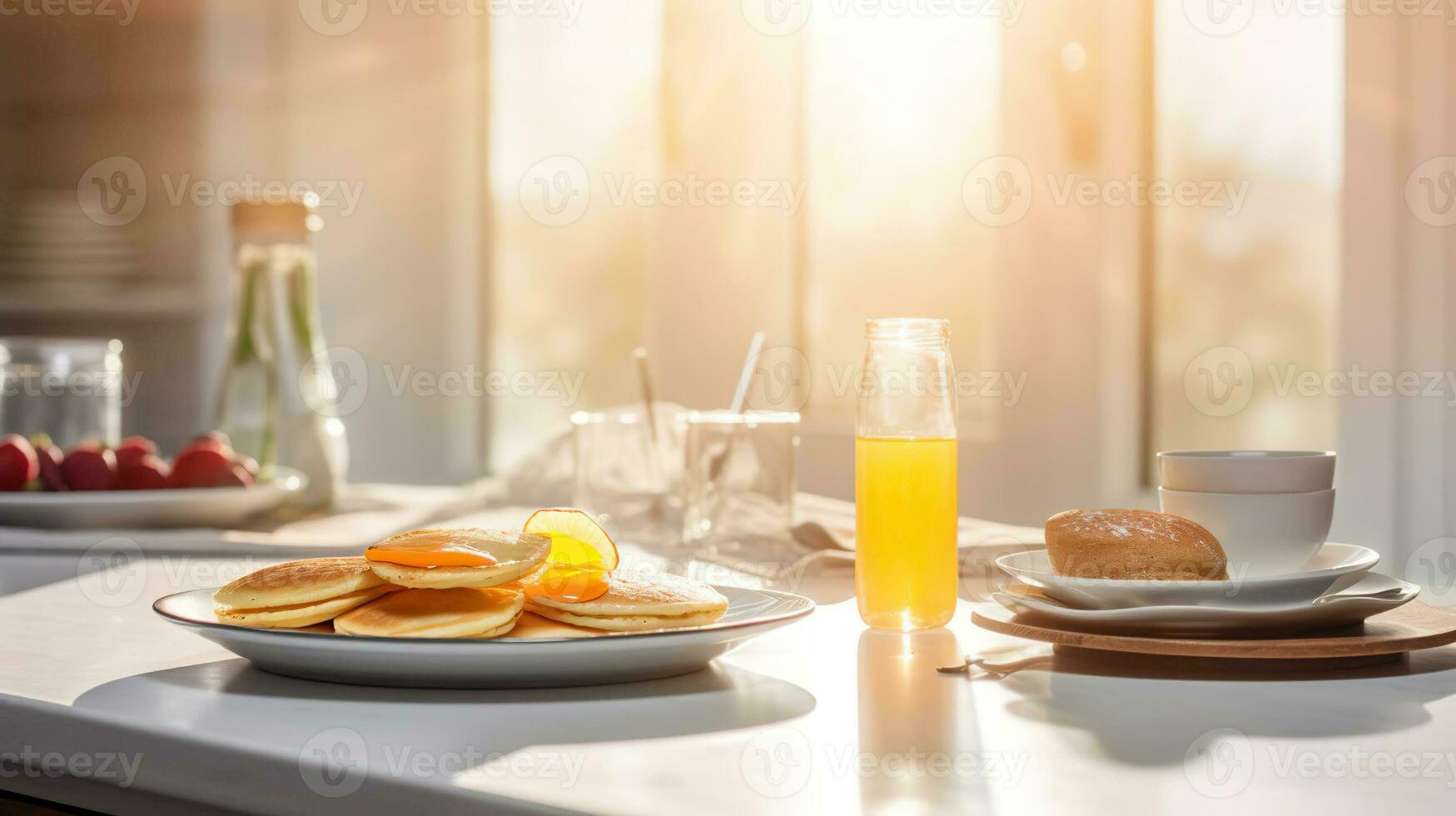 A pancake breakfast plate in a wide shot of a beautiful modern kitchen with beautiful morning light coming in from the large windows and countertops in the background. AI Generative photo