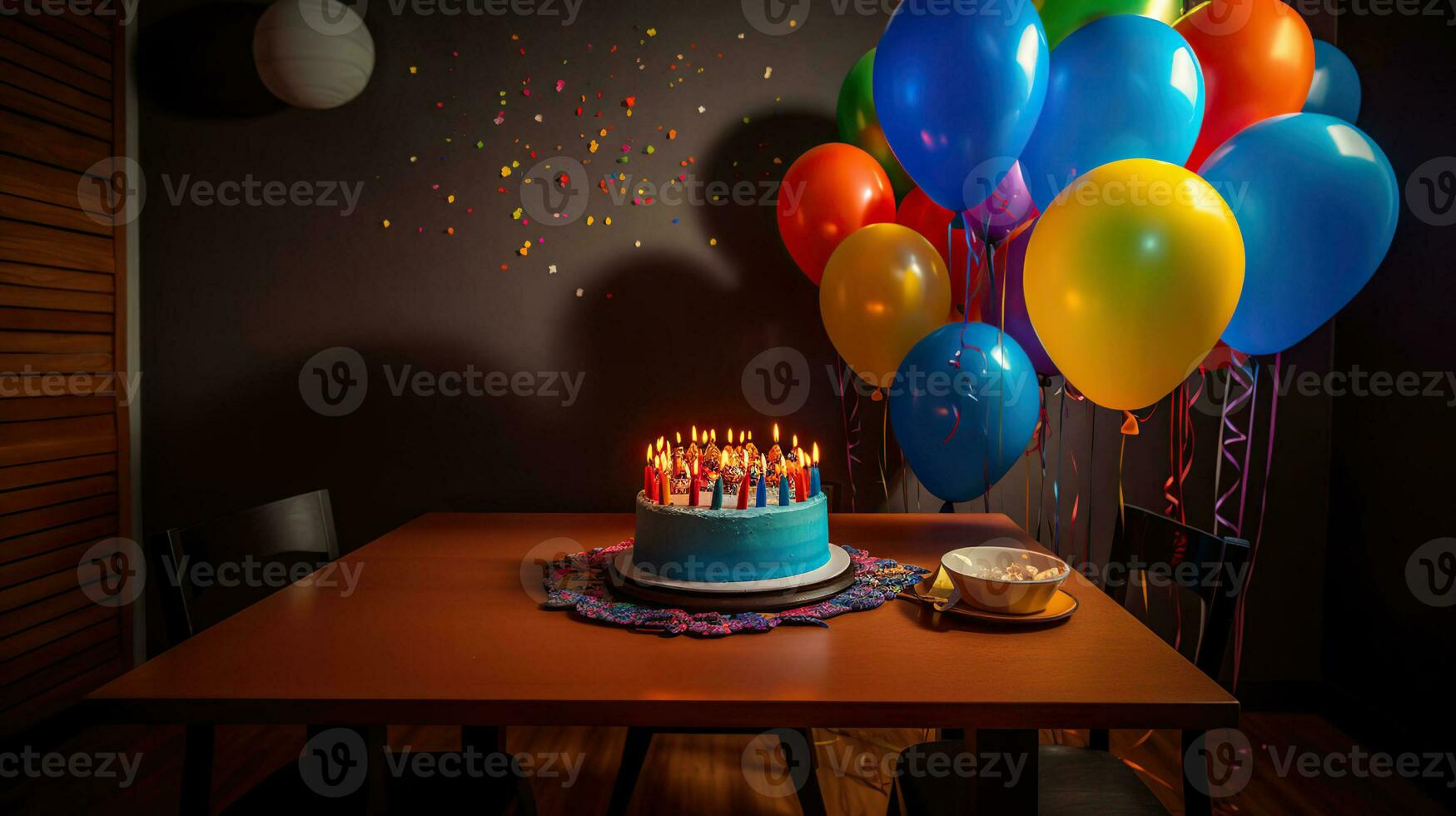 mesa con cumpleaños pastel y globos cerca color pared. ai generativo foto