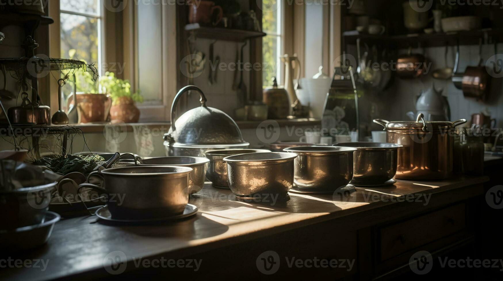 un antiguo casa de Campo cocina, en luz de sol, muchos ollas y sartenes, comida en el encimera, ai generativo foto