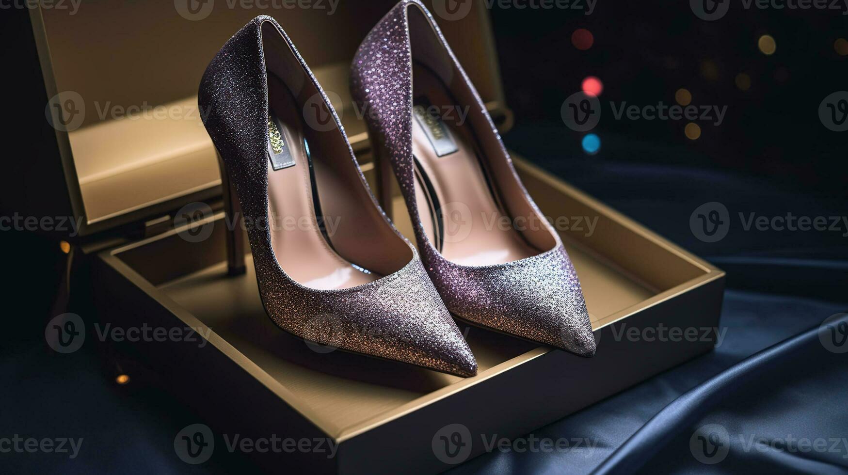 Box with pair of sparkly high heels on floor, top view, AI Generative photo