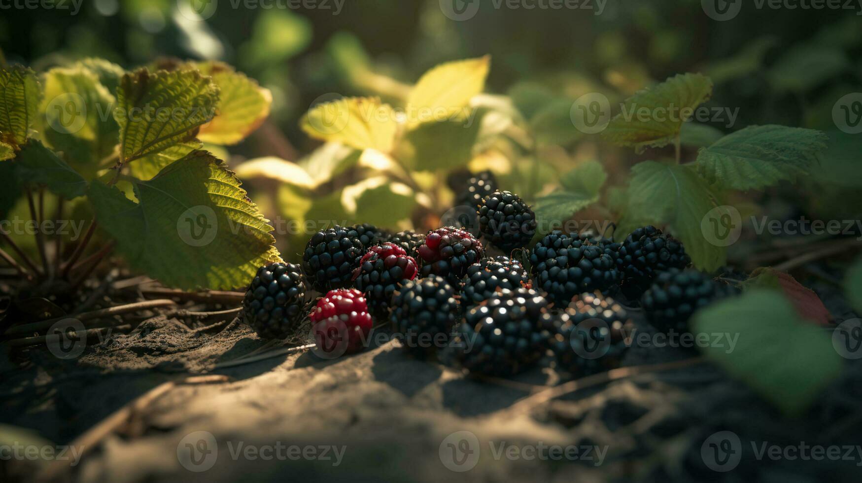 Nature's Bounty, The Thriving Blackberry Bushes of the Forest. Generative AI photo