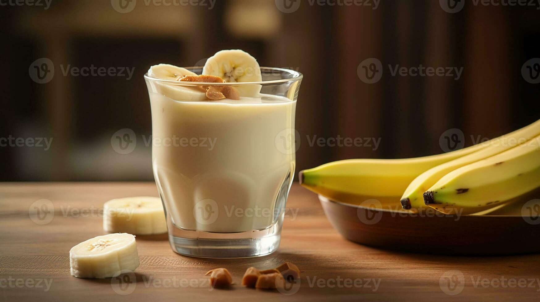 Glass of tasty vanilla pudding with banana on wooden table, generative ai photo