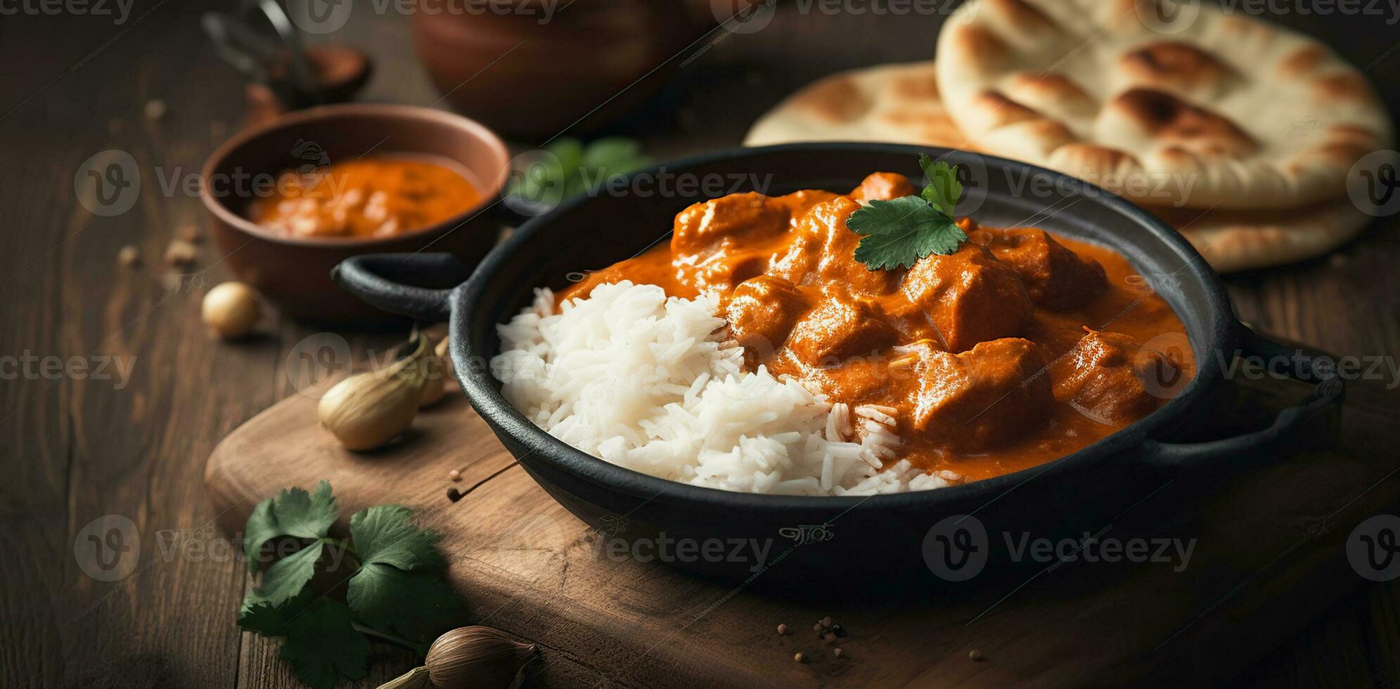 Chicken tikka masala spicy curry meat food in a clay plate with rice and naan bread on wooden background. Generative AI photo