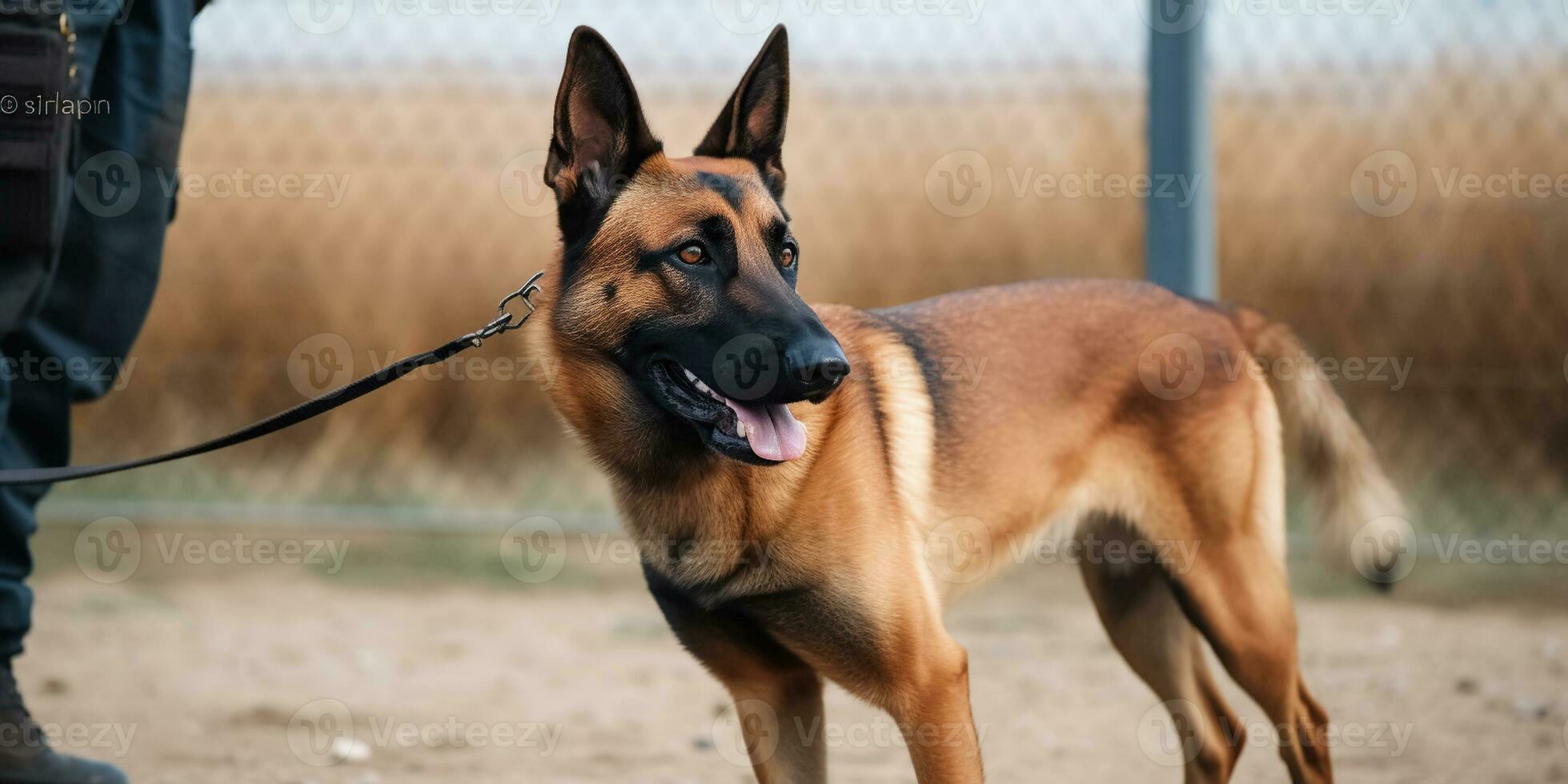 Belgian Shepherd Malinois guarding the border with a border guard. Generative AI photo