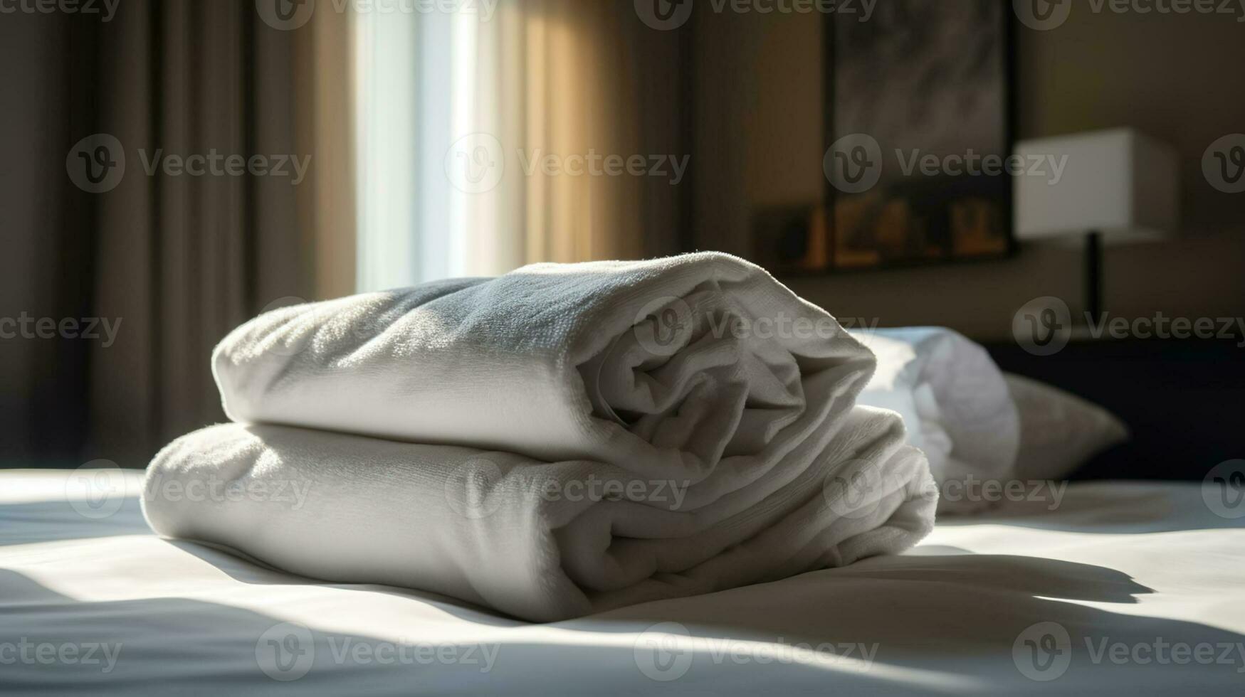 Hotel room with freshly made bed, perfectly clean and ironed sheets, stack of new folded towels and single flower as decoration in natural sun light. Generative AI photo