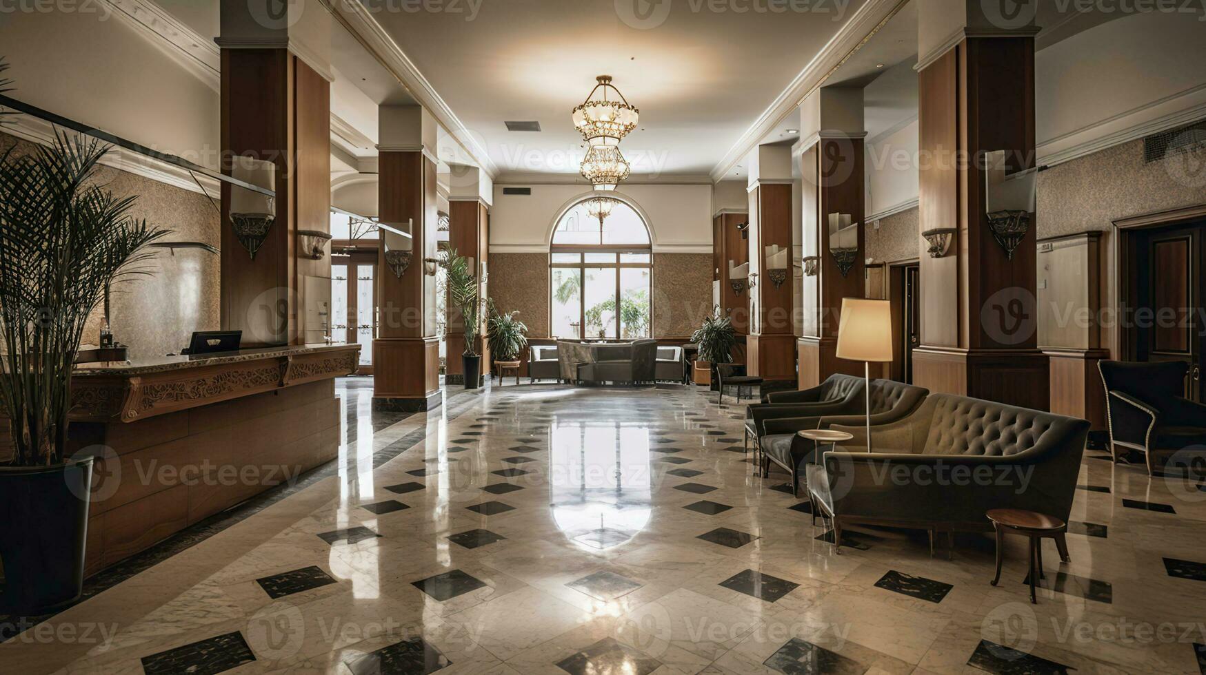 Hotel lobby interior with reception desk, sofas, marble floor and long bar, AI Generative photo