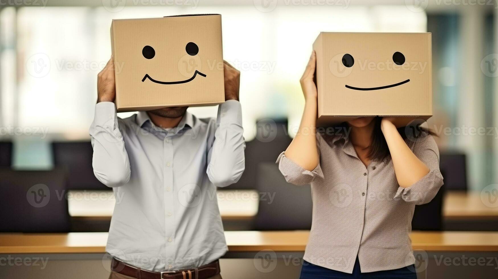 Business man and businesswoman covering face with cardboard box showing happy and sad face. Generative AI photo