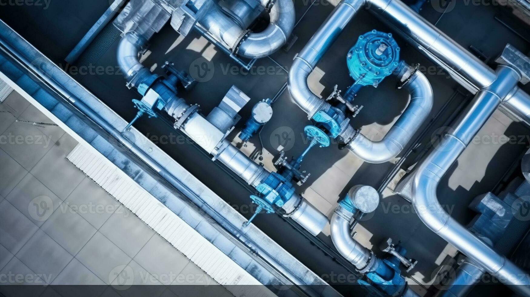 Top view of steel water piping structure with circulation pumps and valves in industrial building, Generative AI photo