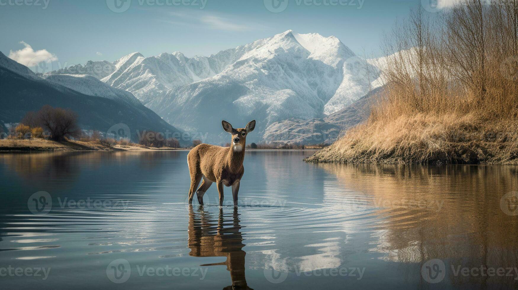 A deer standing in front of a mountain lake with a reflection of it's antlers in the water with snow capped peaks in the background. Generative AI photo