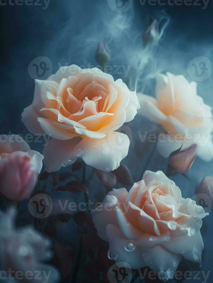 digital art of white roses made of colorful fog ice, clear rose shapes, exquisite roses, ice and snow scenes, AI Generative photo
