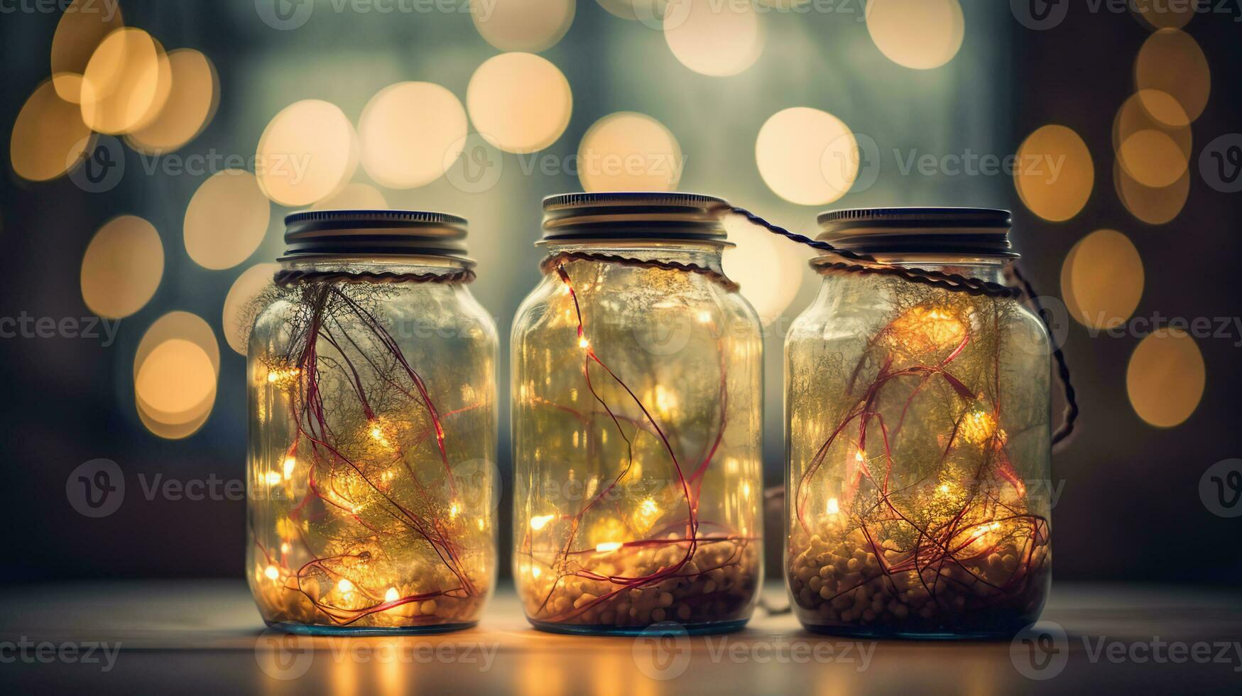 Abstract Christmas Card With Defocused Vintage Effects - String light With Trees In Glass Jars Decoration, generative ai photo