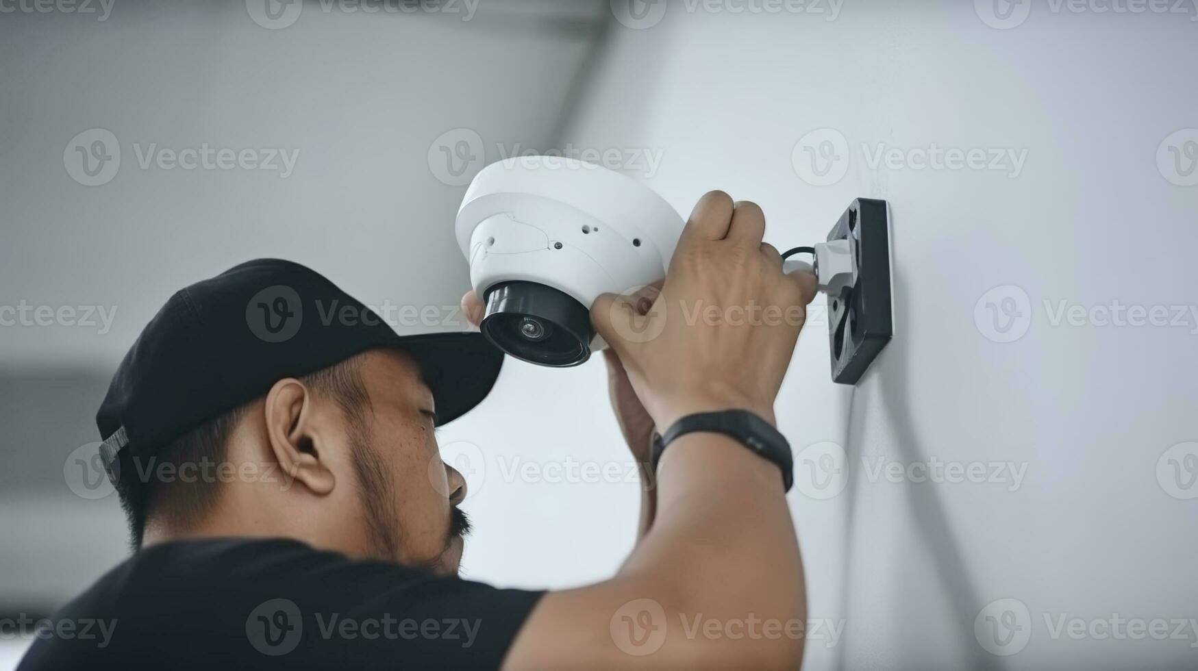 Technician installing CCTV camera for security, AI Generative photo