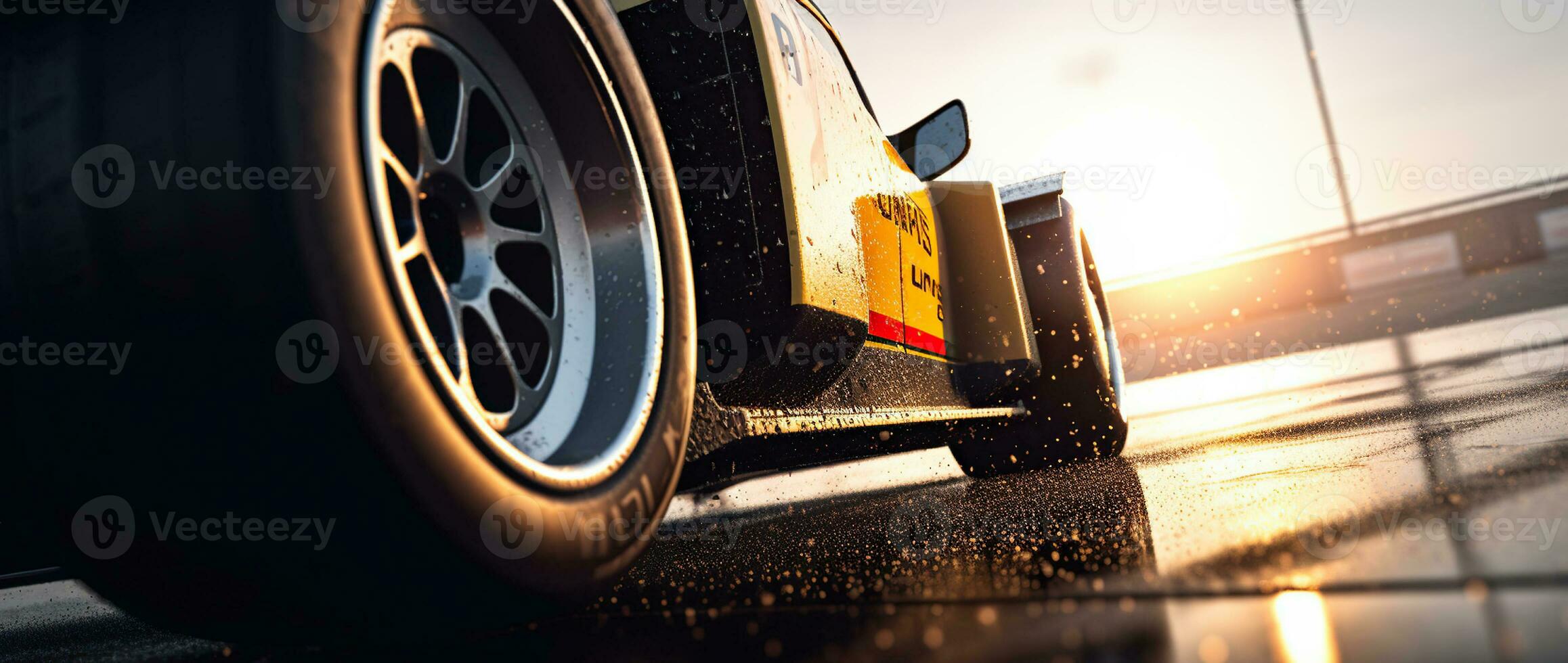 The Roar of the Race Car Echoes as it Tears through the Sunset, Basked in Low-Angle Rim Light of Light Yellow and Dark White. Generative AI photo