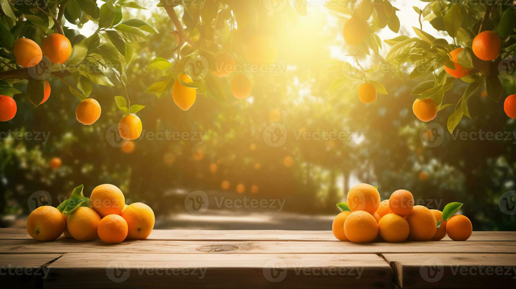 Naturally Beautiful, A Wooden Table Set Amongst Orange Trees in Sunlight. Copy space, AI Generative photo