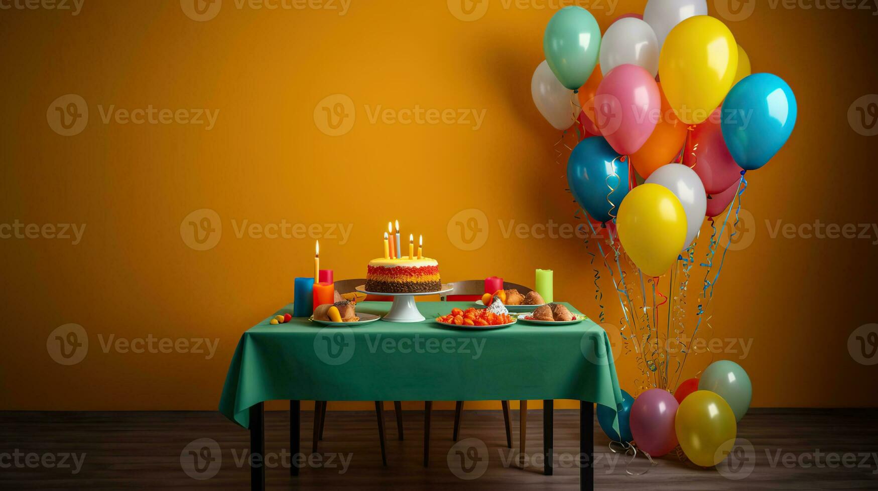 Table with birthday cake and balloons near color wall. AI Generative photo