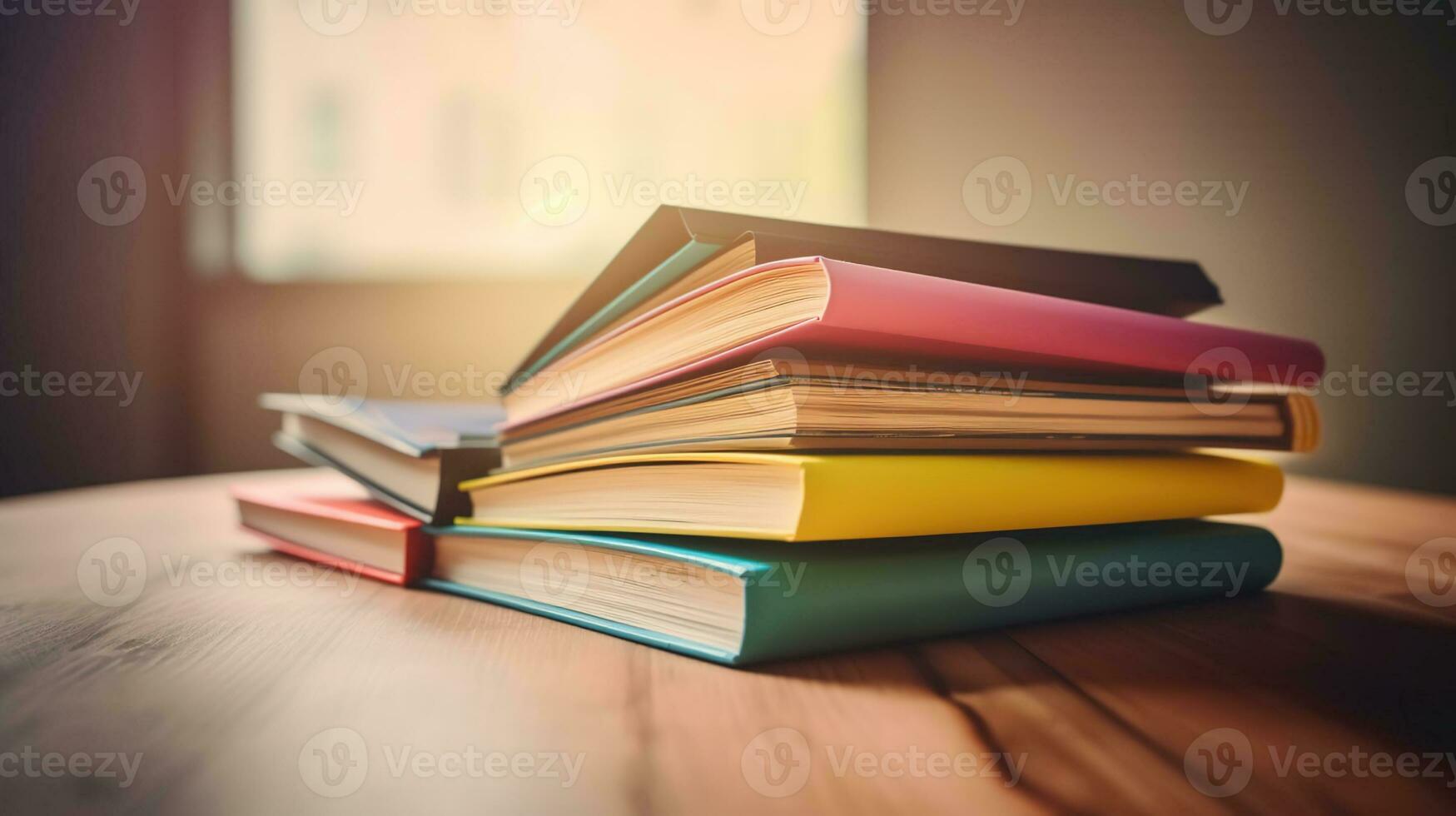 Stack of books in the colored cover lay and open book with old pages on the wooden table and pastel background. Education learning concept. Generative AI photo