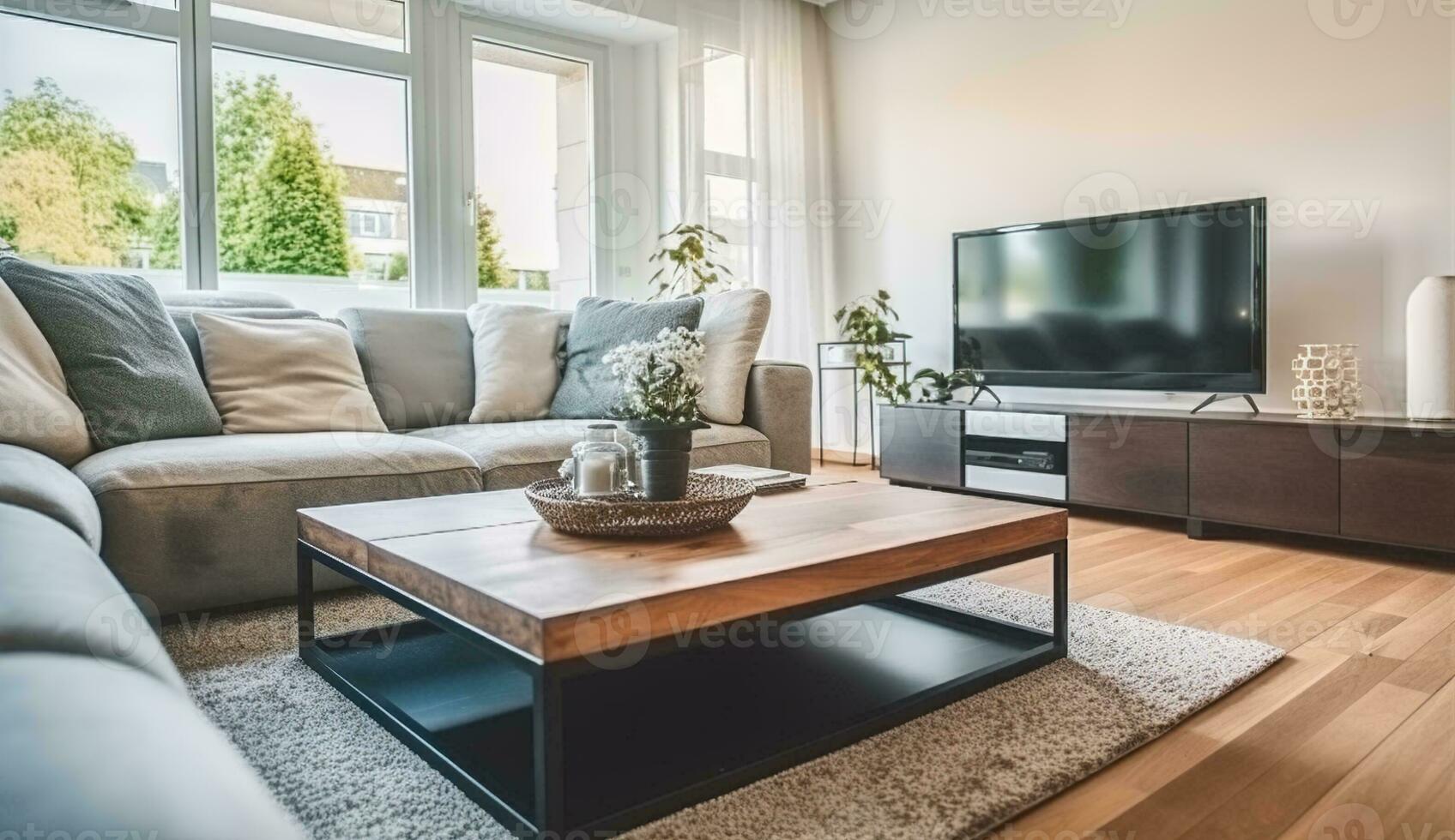 Comfortable corner couch and wooden coffee table placed in front of modern TV set in cozy spacious lounge room in house on sunny day, Generative AI photo