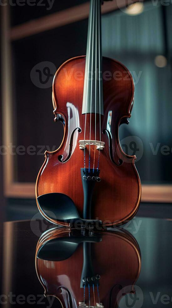 Close up of a violin on glass surface, generative ai photo