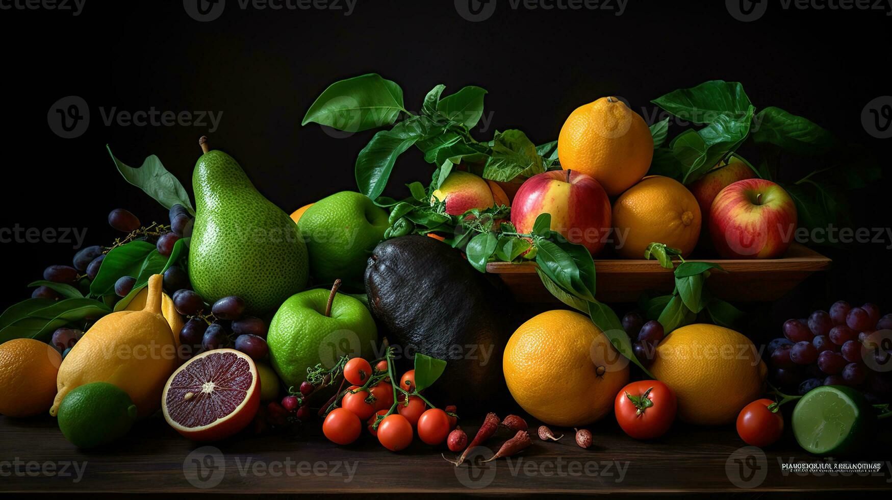 Fresh vegetables, fruits and seeds on black table, flat lay, generative ai photo