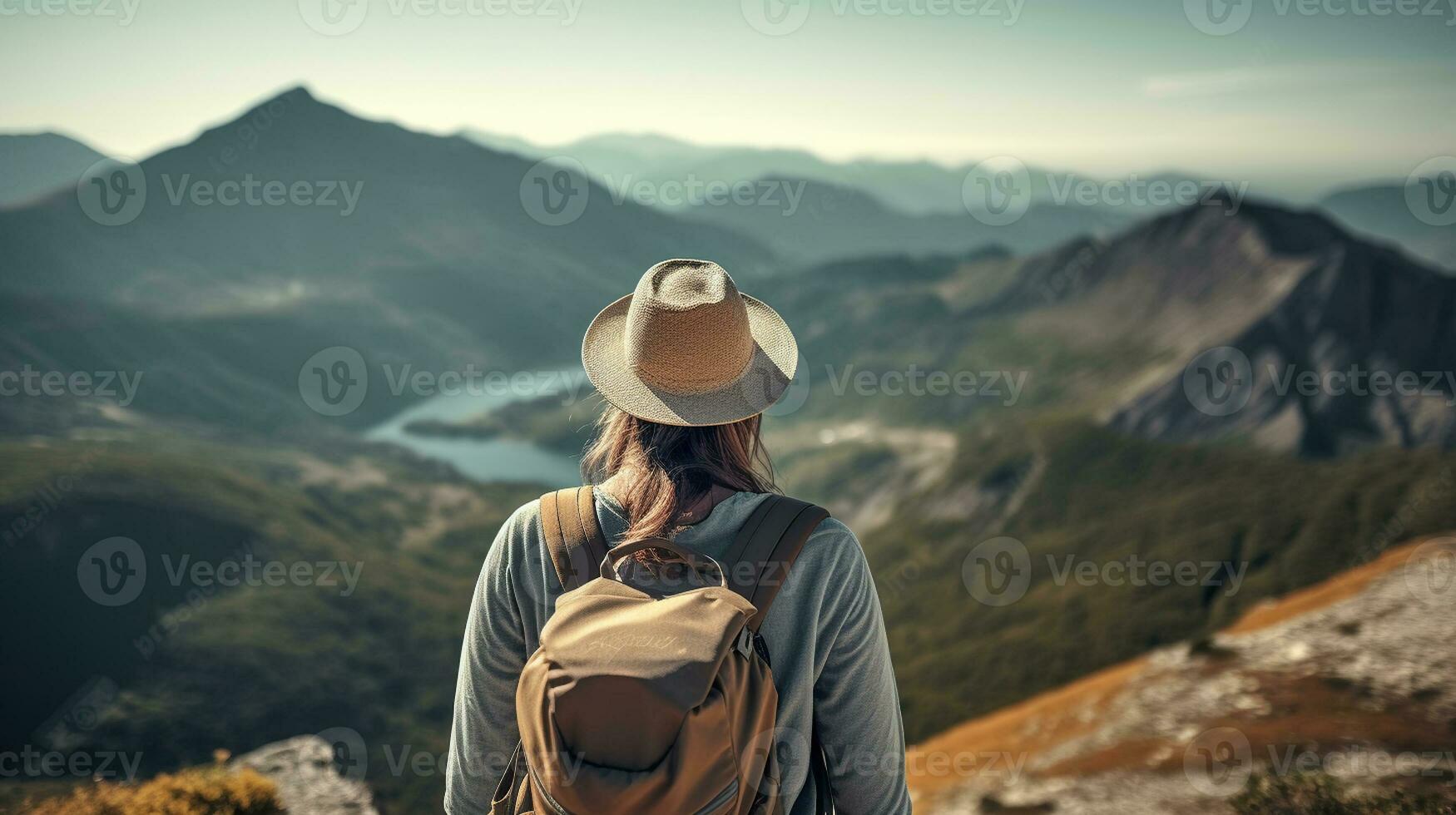 Rear view of female hiker with backpack looking out over a landscape. Generative AI photo