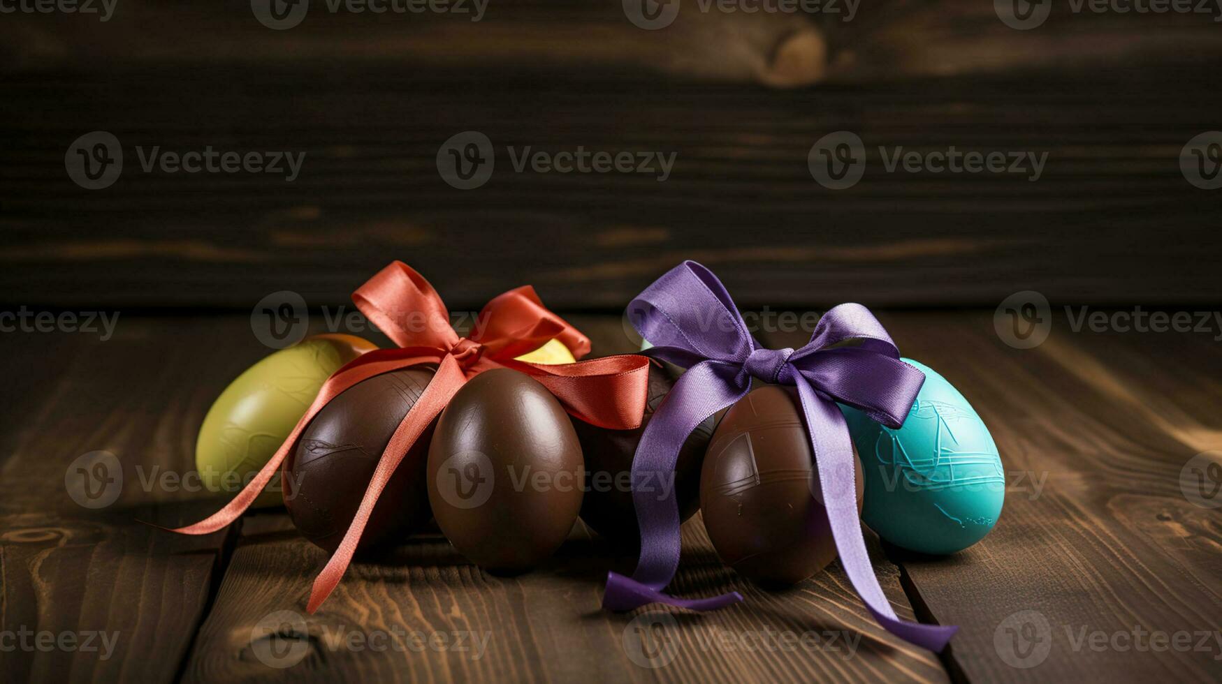 Chocolate Easter eggs with color ribbon bows on wooden background, AI Generative photo