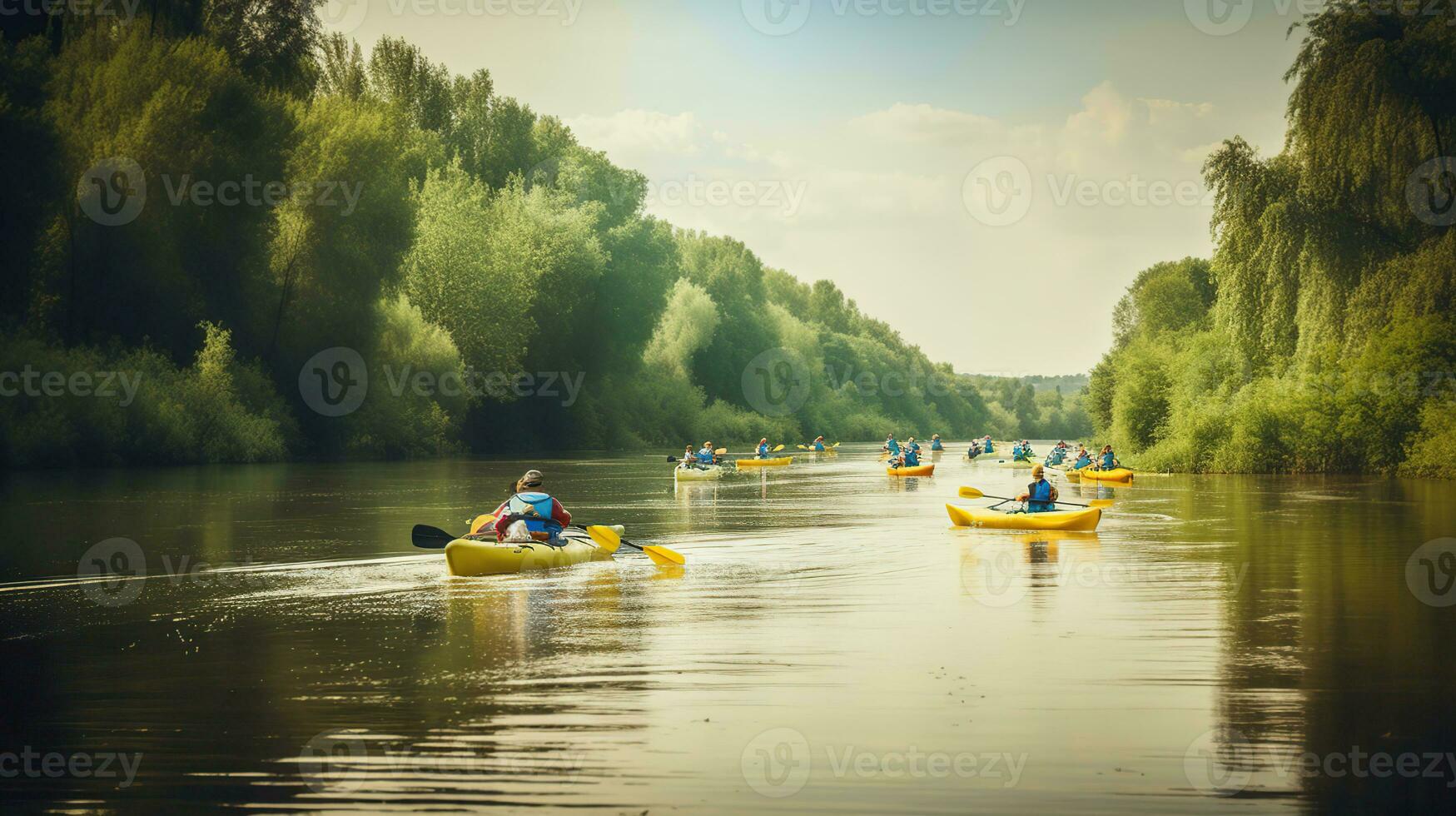 kayak en el río. al aire libre verano vacaciones fiesta viaje actividades. descubrir el belleza de tierra, generativo ai foto