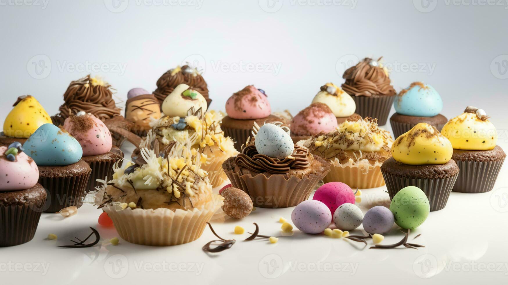 Delicious Easter cakes and eggs on white background, generative ai photo