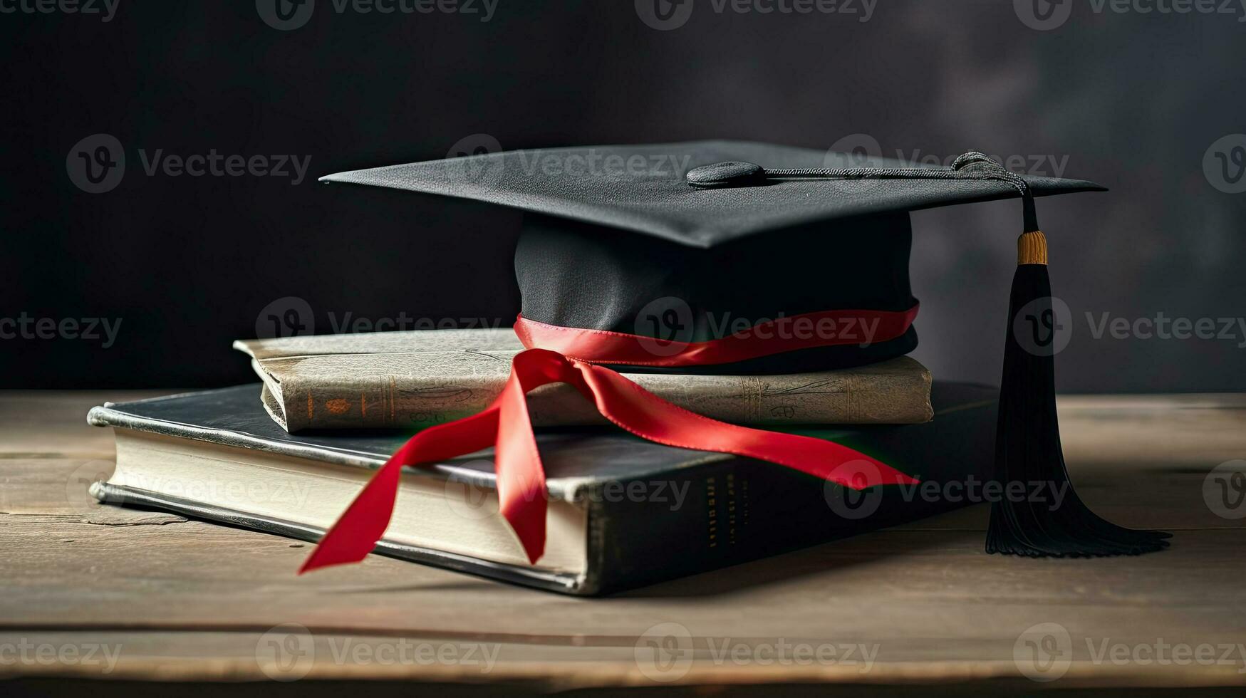 A mortarboard and graduation scroll, tied with red ribbon, on a stack of old battered book with empty space to the left. Generative Ai photo