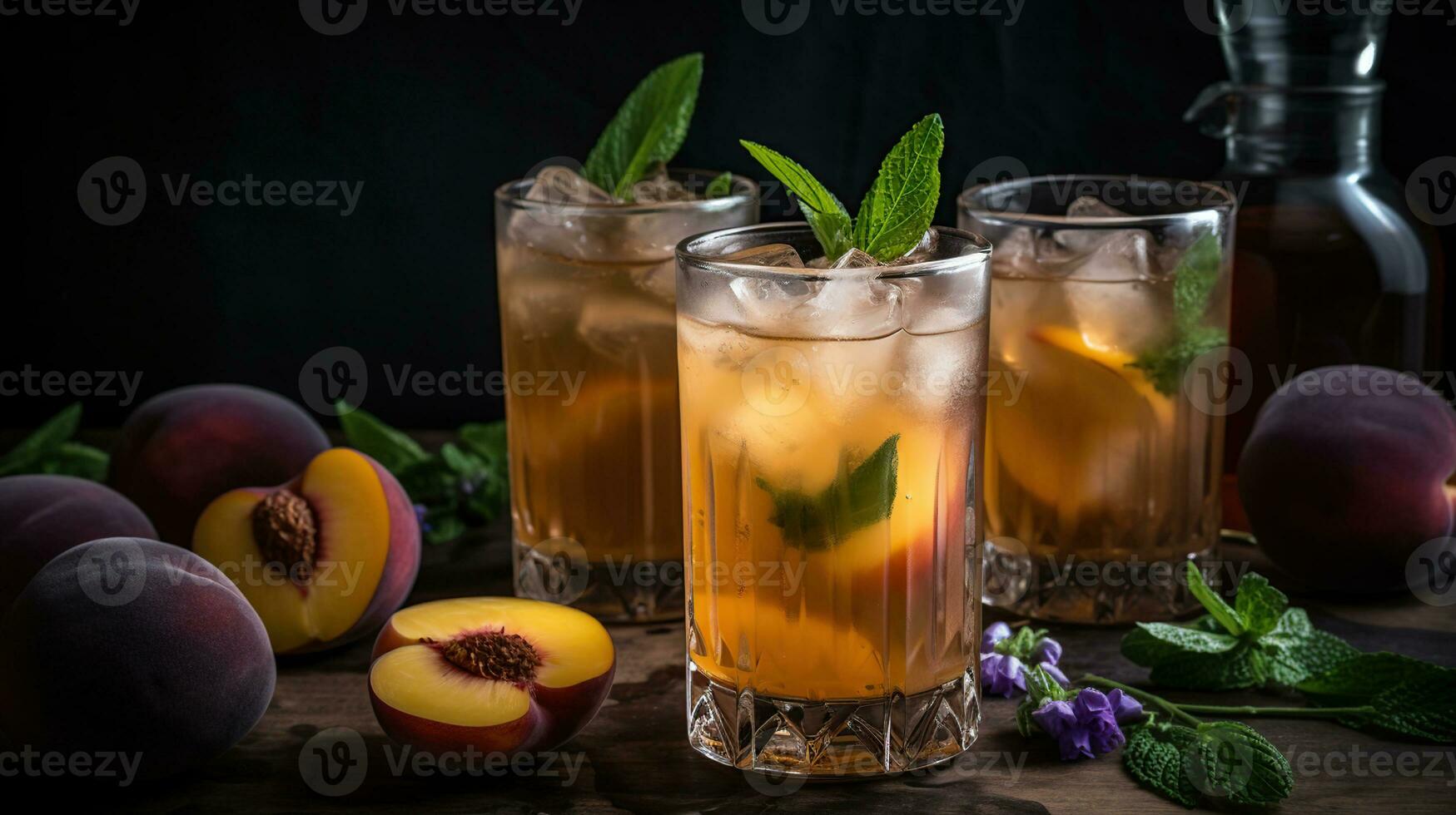 Cool off this summer with this delicious and refreshing Peach-Lavender Black Iced Tea. It comes together with a black peach tea, lavender simple syrup, fresh peaches and mint, generative ai photo