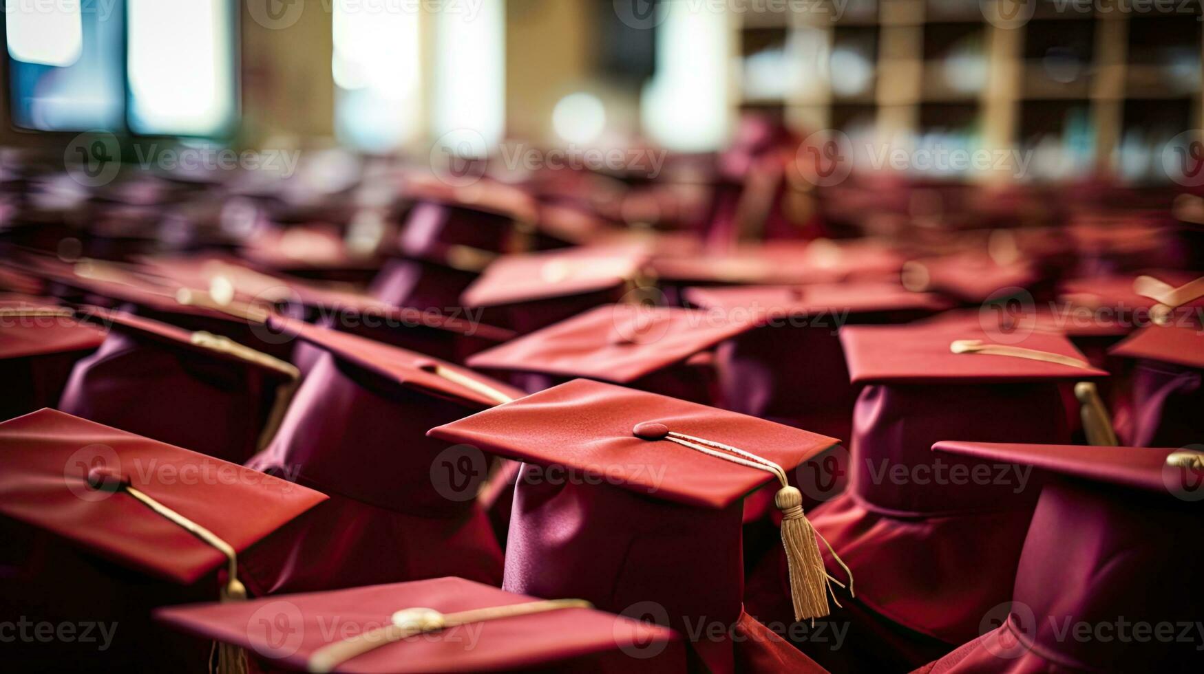 Large group of graduation caps during commencement. Generative Ai photo