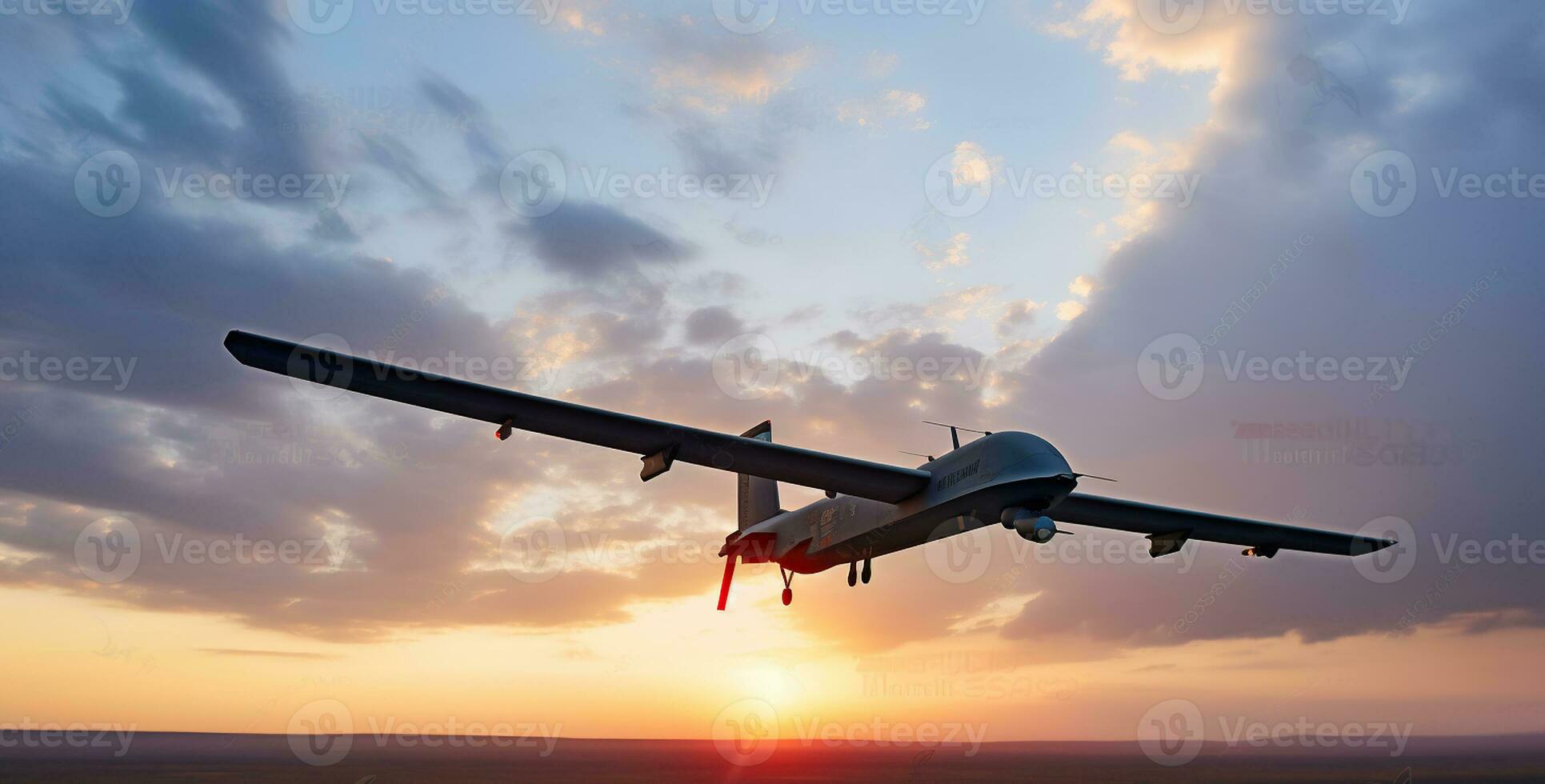 Combat drone in the sky on a mission, an unmanned aerial vehicle launches missiles at a target. Generative AI photo