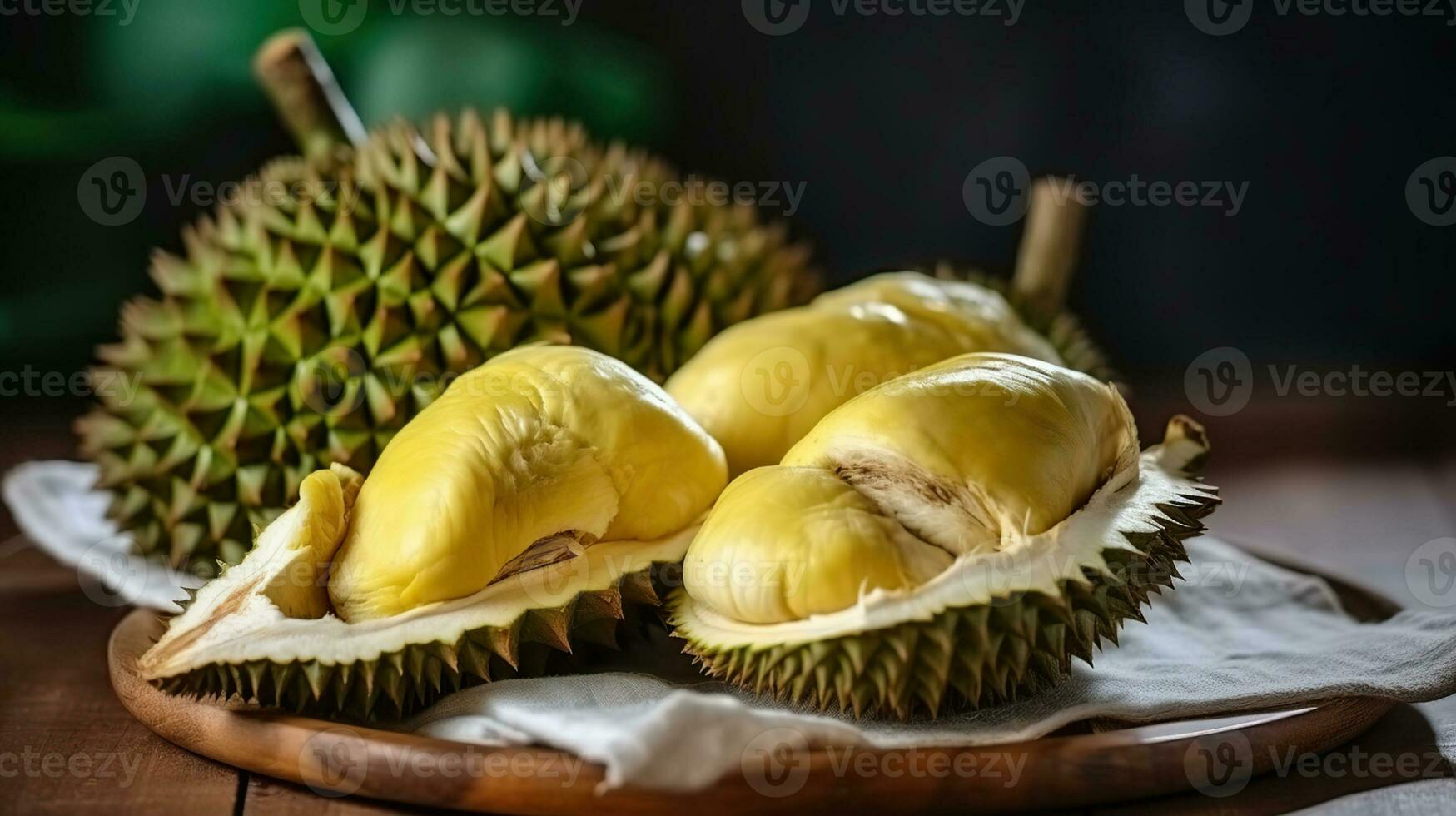 Closeup fresh fruit Durian, on the characteristic style background. Generative AI photo