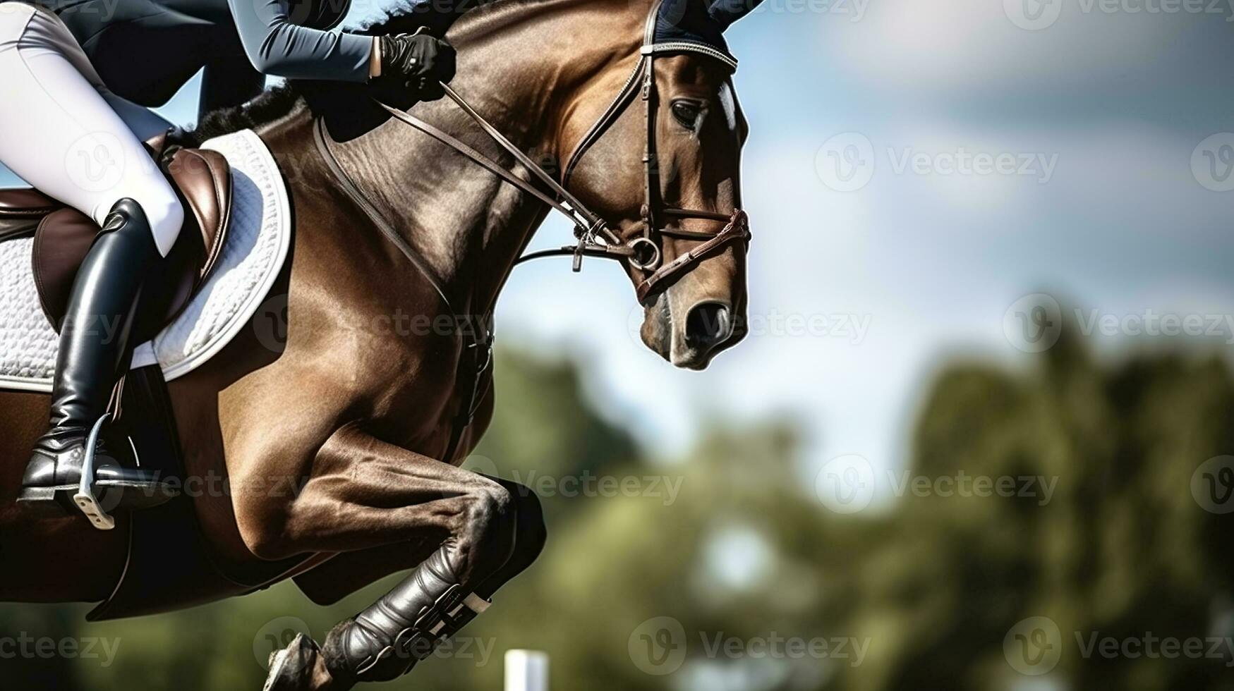 el emocionante arte de caballo saltando en ecuestre Deportes. generativo ai foto