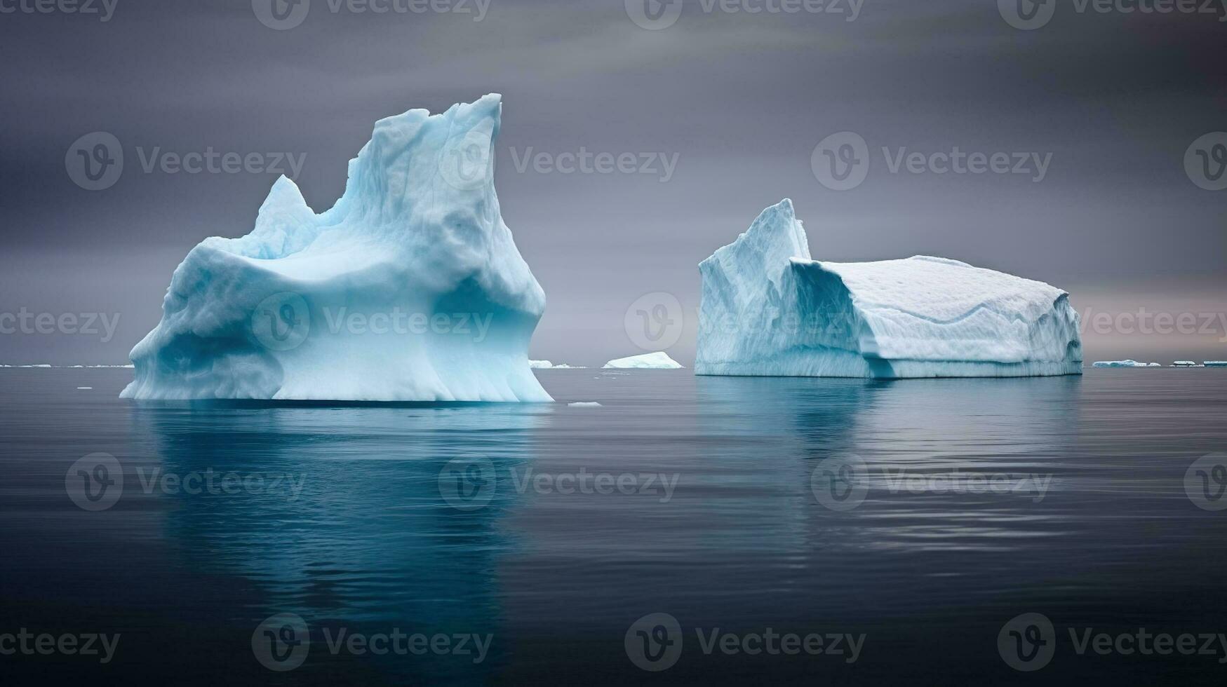 dos icebergs Derretido en oscuro agua en Antártida. generativo ai foto