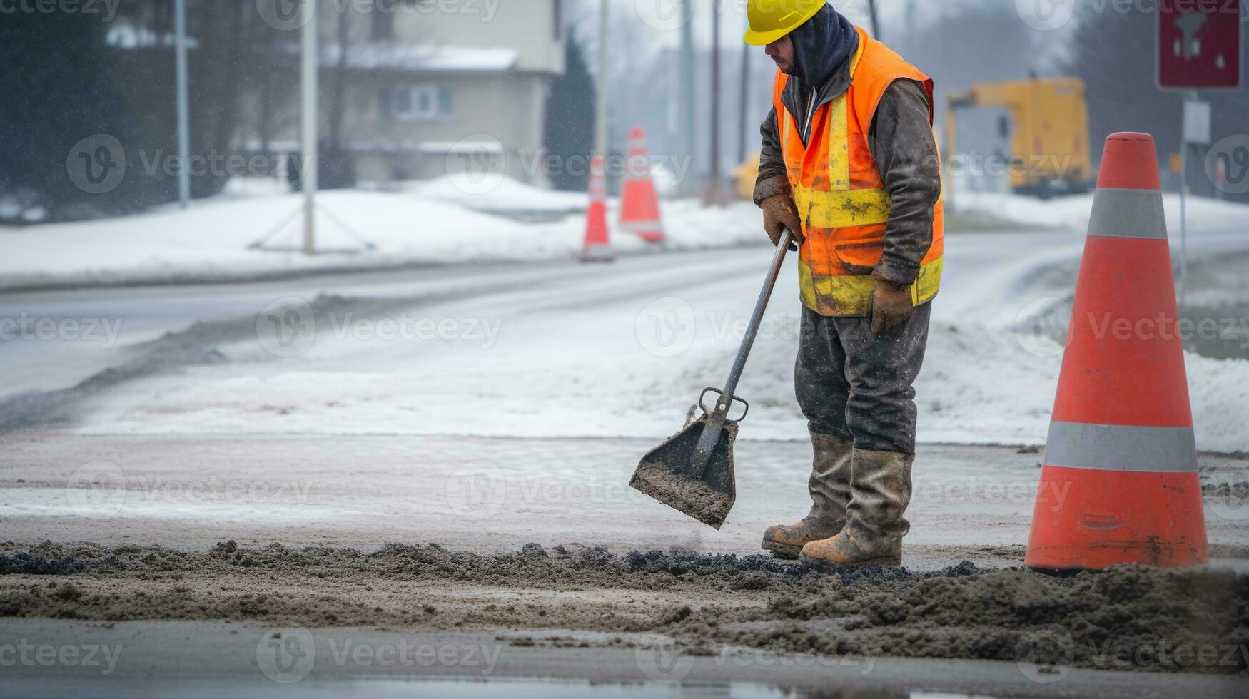 Frozen Ground, Unyielding Spirit, Road Worker Braving Winter with Jackhammer. Generative AI photo