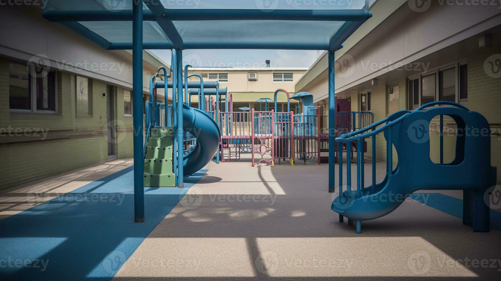 Playground kid zone in a school, commercial photography. AI Generative photo