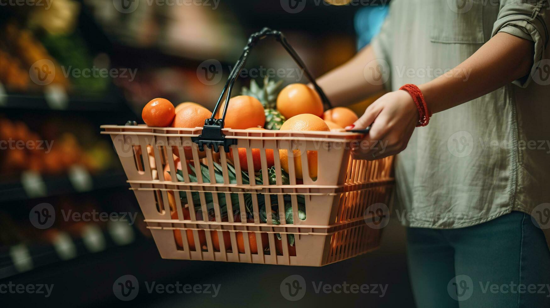 Woman holding a shopping cart and ordering grocery fresh fruits, generative ai photo