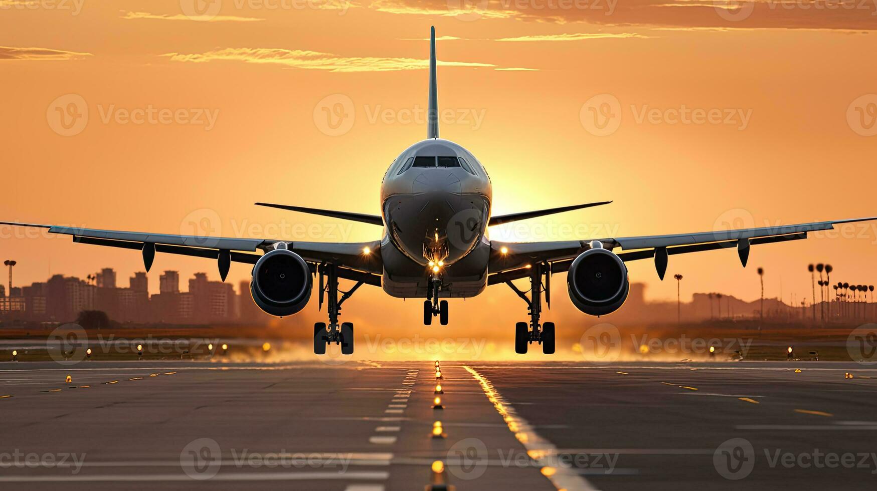 A large jetliner taking off from airport runway at sunset or dawn with the landing gear down and the landing gear down, as the plane is about to take off. Generative AI. photo