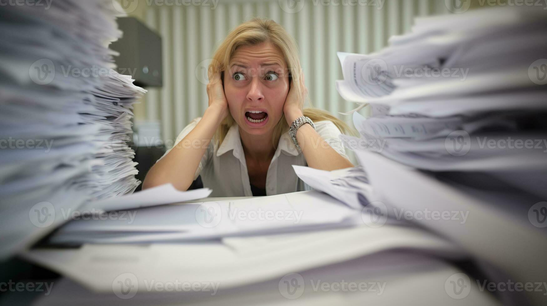 Desperate office worker overwhelmed with paperwork, she held his head with the hands, generative ai photo