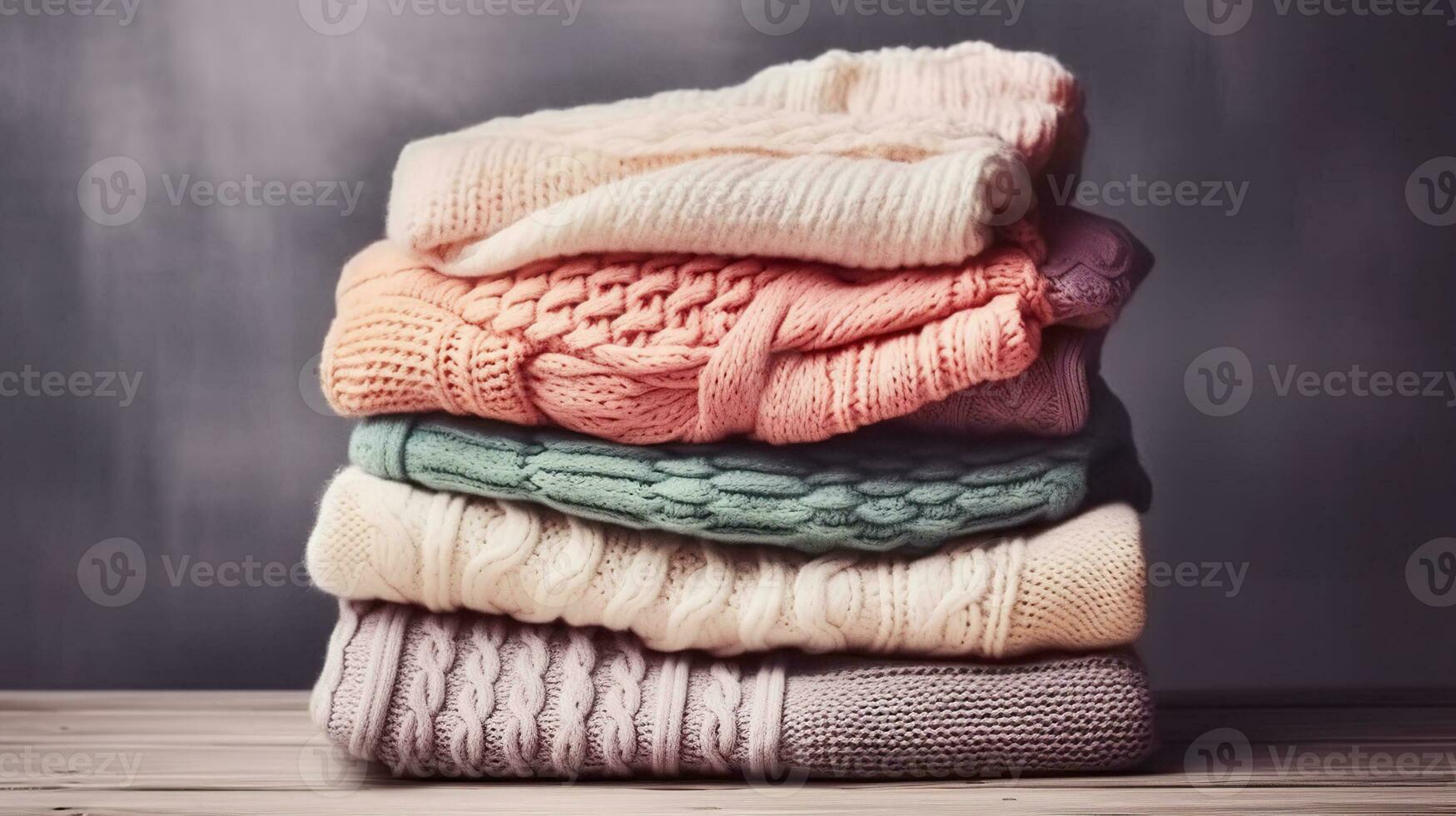 Bunch of knitted warm pastel color sweaters with different knitting patterns folded in stack on brown wooden table, grunged texture wall background. Generative AI photo
