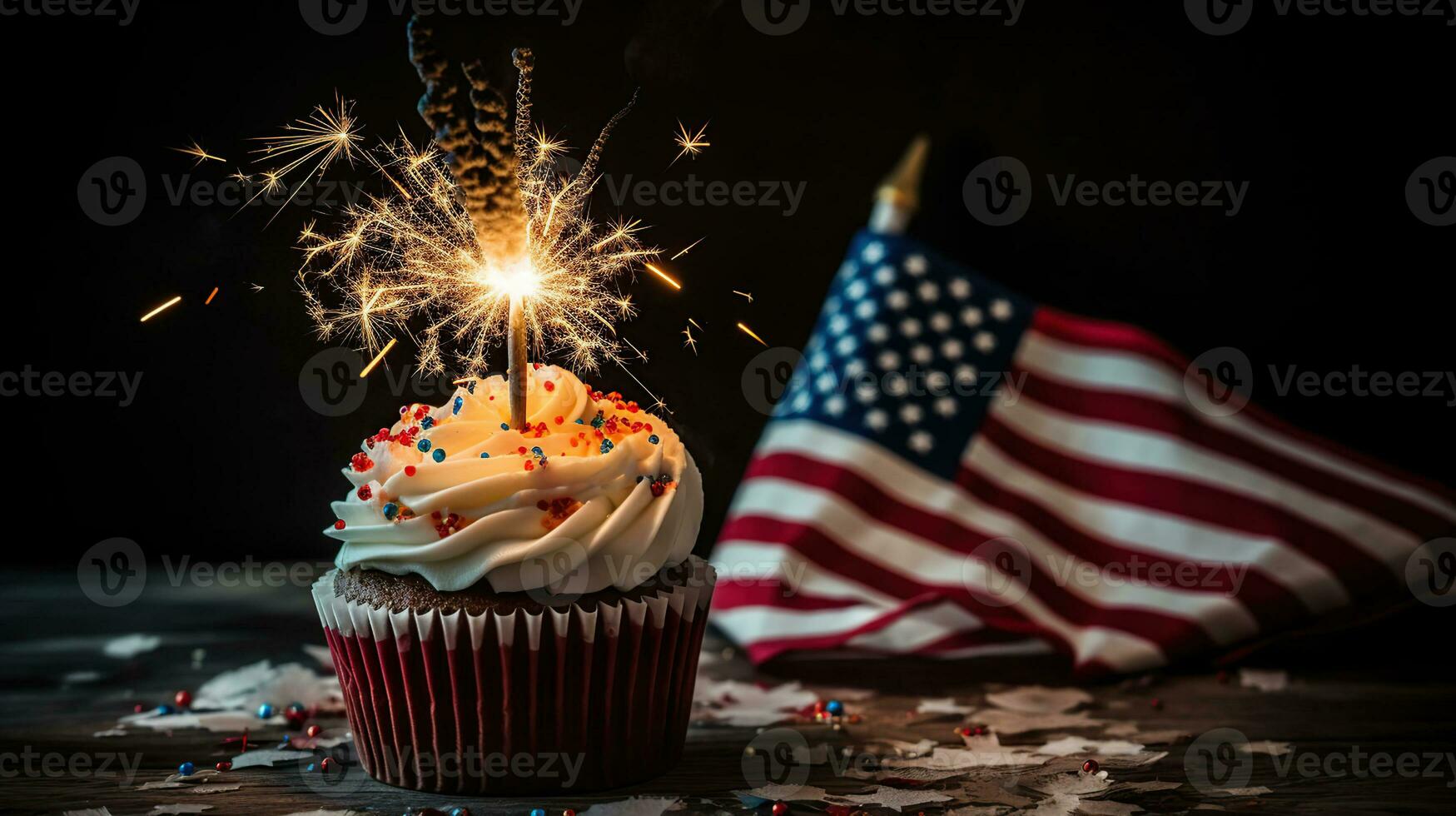 Cupcake and American Flag. Sparklers or fireworks lights burning in a cake. 4th of July, Independence, Presidents Day. Generative ai photo