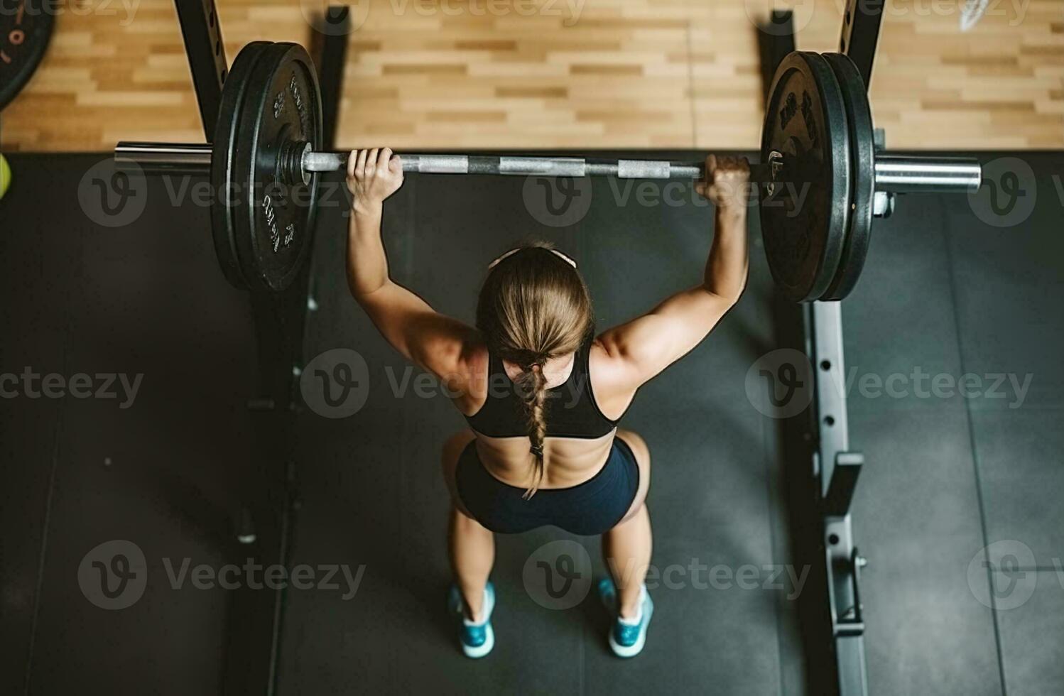 empoderado mujer levantamiento barra con pesas con determinación en el gimnasia. generativo ai foto