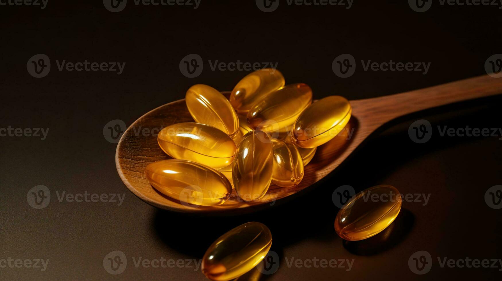 Pile of omega 3 fish liver oil capsules in wooden spoon. Big golden translucent pills on isolated background. Healthy daily fatty acids nutritional supplement. Generative AI photo