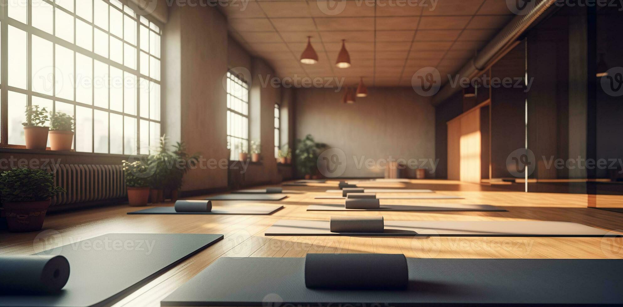 moderno yoga gimnasio interior con desenrollado yoga esteras equipo , Deportes gimnasio ejercicios , sano estilo de vida. generativo ai foto