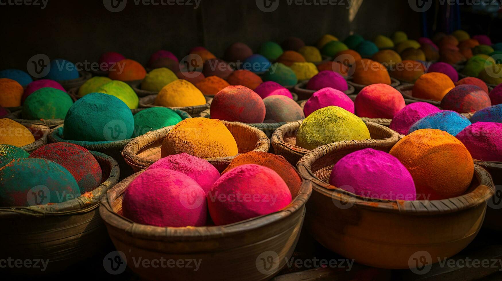 Bright colours in coconut shells for Indian holi festival. Colorful gulal, powder colors for Happy Holi, Generative ai photo