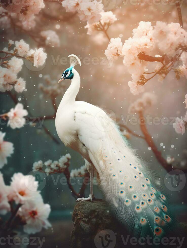 A beautiful spring scene of spring, with beautiful white peacock's glittering feathers, AI Generative photo