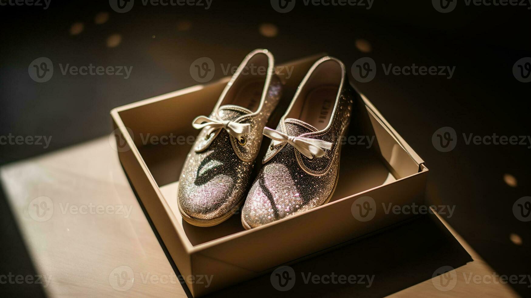 Box with pair of sparkly female shoes on floor, top view, AI Generative photo