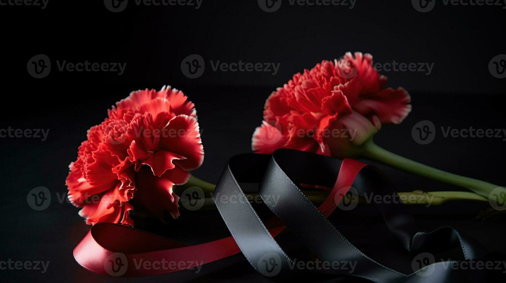 Black funeral ribbon with carnation flowers on dark background, AI Generative photo
