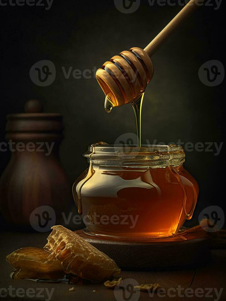 tarro de miel miel es vertido desde un de madera cucharón. generativo ai foto